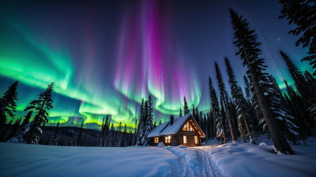 Cabane en bois illuminée sous un ciel d’aurores boréales multicolores