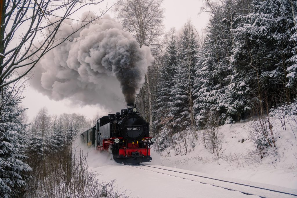 Train à vapeur traversant une forêt enneigée en hiver - Top expériences hiver Europe